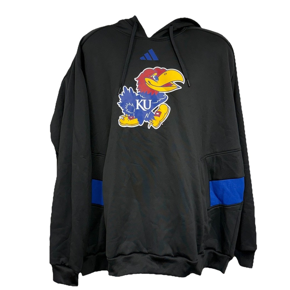 NWT Adidas Kansas Jayhawks Men's Hoodie 2XL Black Logo Aeroready Poly Sweatshirt